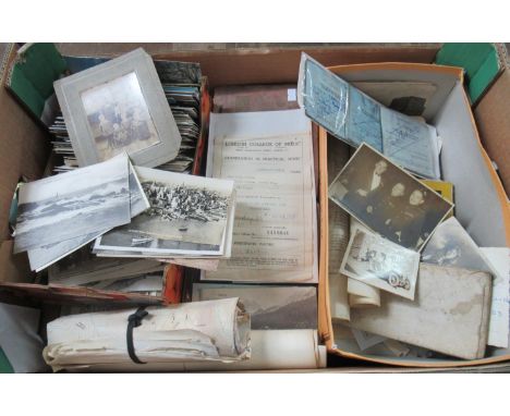 Box of memorabilia and postcards to include music examination certificates, maps, autograph books dating 1905 on wards, album