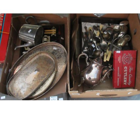 2 boxes of assorted metal ware and cutlery to include boxed bone handled knives , EPNS goblets and egg cups, Vieners Silver P