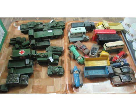 Tray of mainly Dinky play worn die-cast military vehicles, tanks, lorries etc... together with another tray of vintage Dinky 