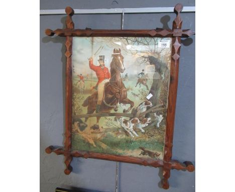 Coloured print, fox hunting scene in Gothic design pine frame.(B.P. 21% + VAT) 