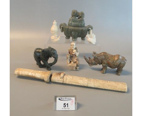 Mixed group of Oriental items to include Japanese tanto dagger, seated Japanese male figure, carved cockerels, carved soap st