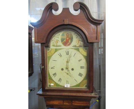 19th century eight day mahogany inlaid longcase clock having arch painted Roman face with seconds and dat dials, painted fan 