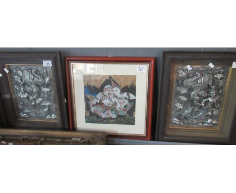 Two White Metal Thai repousse  studies of Mermaids together with a print on fabric of a woman with immortal figure.  (3)(B.P.