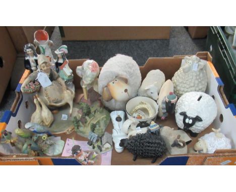 Box of assorted items to include: Shaun the Sheep Money Box, another Sheep Money Box, various ceramic figures of sheep and a 