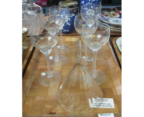 Tray of glass ware to include six, possibly early 20th century, hock glasses with wrythen stems and a vintage fluted glass fu
