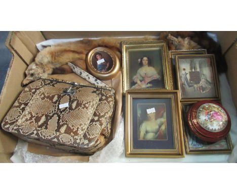 An eclectic box containing a vintage snakeskin handbag (possibly 1950s/60s) in browns and cream with chrome claps and small i