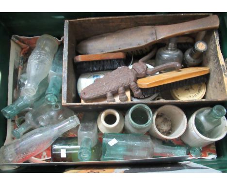 Box of assorted items to include vintage glass bottles, stone jars, vintage shoe cleaning set in a wooden box and a cast meta