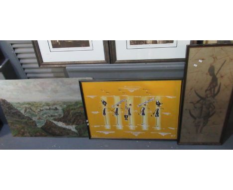 Cliff Top Seascape in oils, unsigned on board, together with modern figure study in oils on yellow background, and an African