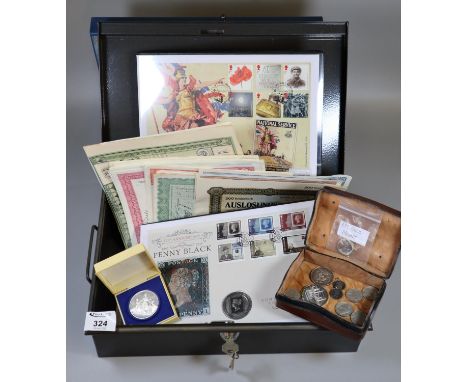 Metal strong box (with key) containing various silver and other coins, one with gold mount, Reichsmark bonds and New York Cen