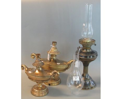 Two similar modern brass finish urn-shaped classical design lamp bases, together with an early 20th century double oil burner