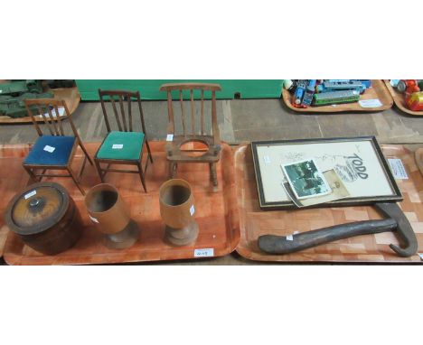 Tomahawk/primitive axe with hand carved handle and heavy metal head, together with a framed cartoon of David Todd signed: Bar