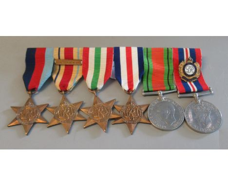 Medal group to include 1939-45 star, Africa star with 8th army clasp, Italy star, France and Germany star, defence medal, war