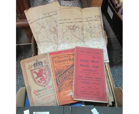 Box of vintage maps and books to include: Daily Mail road map of London 1930 edition, Bacons Country Map of Devonshire, Ordin