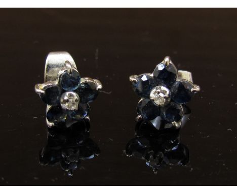 A pair of sapphire and diamond floral earrings, 3.1g