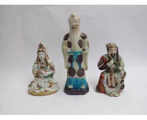 A Japanese Kutani ceramic Warrior figure, sage and deity (3) 28cm and 18cm tall