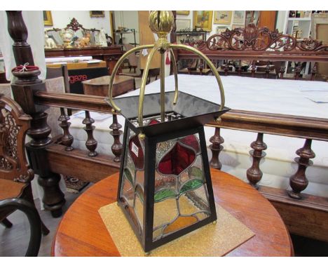 An Art Nouveau ceiling light shade, lantern style, 60cm tall