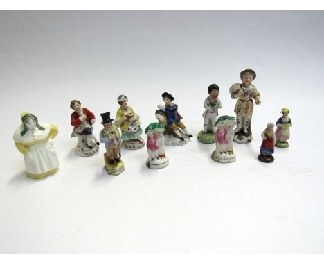 Eleven miniature porcelain figures including Worcester "French Cook" candle snuffer, tallest 9cm, shortest 4.5cm
