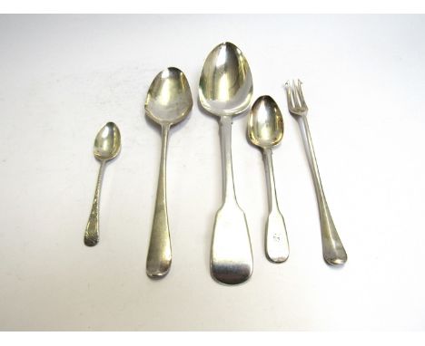 A Jonathan Ramsey silver serving spoon, Exeter, 1832 Trident fork, spoon and teaspoons (5) 162g