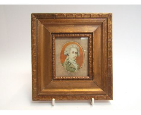 A 19th Century miniature portrait of gentleman with grey curly hair, 6cm tall