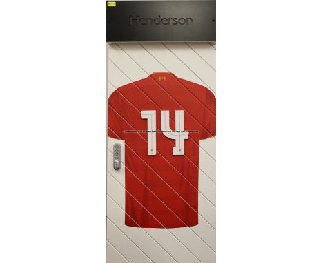 Jordan Henderson's No.14 locker door from the First Team Changing Roomat Liverpool Football Club's Melwood Training Ground, r