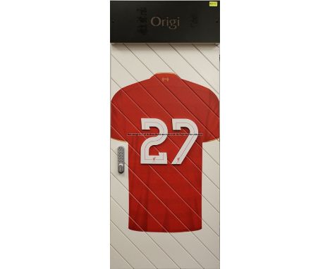 Divock Origi's No.27 locker door from the First Team Changing Room at Liverpool Football Club's Melwood Training Ground, rect