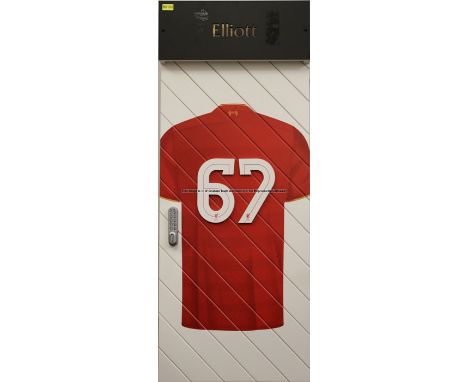 Harvey Elliott's No.67 locker door from the First Team Changing Room at Liverpool Football Club's Melwood Training Ground, re