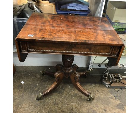 GEORGE IV MAHOGANY AND ROSE WOOD CROSS BANDED PEDESTAL SOFA TABLE FITTED WITH  A SHALLOW DRAWER ON A FLUTED GADROONED PEDESTA