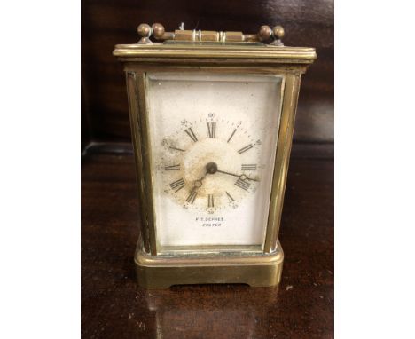BRASS CARRIAGE CLOCK WITH KEY DIAL SIGNED DEPREE EXETER 