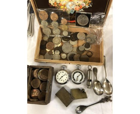 CIGAR BOX OF MISCELLANEOUS PRE DECIMAL AND COMMEMORATIVE COINS, INGERSOLL STOPWATCH, WHISTLE, PLATED TEA CADDY SPOON, A NOVEL