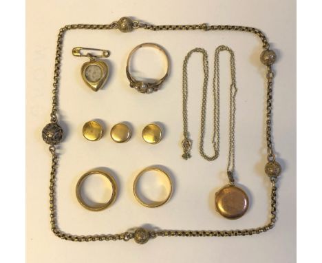 BOX CONTAINING TWO ROLLED GOLD WEDDING BANDS, UNMARKED PENDANT LOCKET ON CHAIN,THREE 18CT GOLD STUDS, UNMARKED BALL LINK CHAI