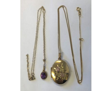 UNMARKED OVAL ENGRAVED LOCKET ON 9CT GOLD TRACE CHAIN AND A 9CT GOLD AMETHYST PENDANT ON TRACE CHAIN 5G OVERALL