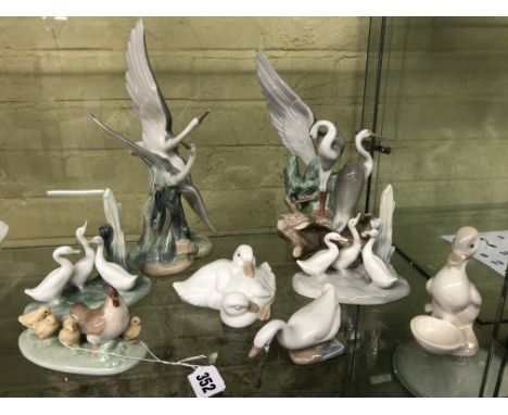 NAO GEESE AND GEESE FIGURE GROUPS, NAO HEN AND CHICKS NO. 575 FIGURE GROUP AND TWO NAO HERON FIGURE GROUPS, ONE WITH TIP OF B