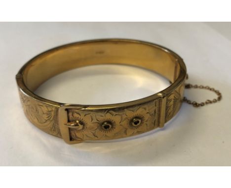9CT GOLD BELT BUCKLE BANGLE WITH SAFETY CHAIN 18G APPROX