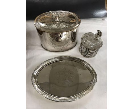 EARLY 19TH CENTURY SHEFFIELD PLATE OVAL ENGRAVED TEA CADDY, DRUM MUSTARD WITH BLUE GLASS LINER AND OVAL DISH WITH ENGRAVED AR