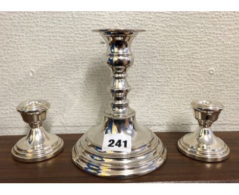 SHEFFIELD SILVER CANDLESTICK 14CM H APPROX AND A PAIR OF SHEFFIELD SILVER CANDLE HOLDERS 16.7OZ OVERALL