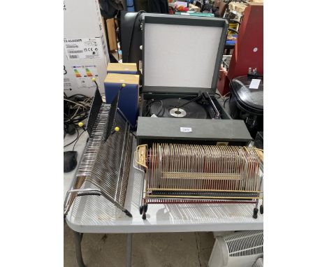 A BSR RECORD PLAYER, SPEAKERS AND SPUTNIK STYLE RECORD RACKS ETC 