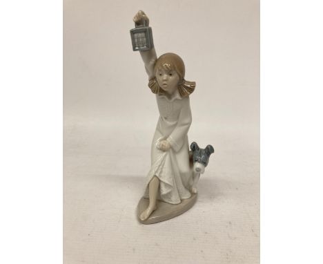 A NAO FIGURINE OF A GIRL WITH LANTERN AND A DOG "WHO'S THERE" 