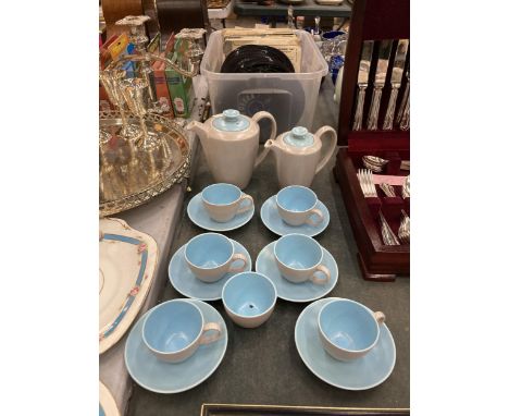 A VINTAGE POOLE POTTERY COFFEE SET TO INCLUDE A COFFEE POT, HOT WATER JUG, CUPS, SAUCERS AND A SUGAR BOWL 