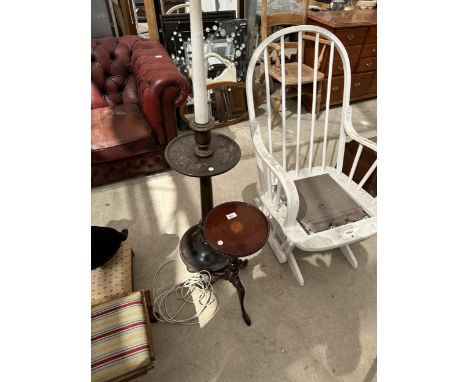 AN EARLY 20TH CENTURY ELECTRIC LAMP/TABLE ON TURNED COLUMN AND MAHOGANY AND INLAID TRIPOD WINE TABLE 