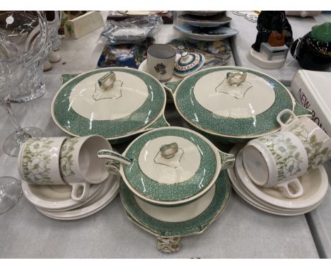 A QUANTITY OF J &amp; G MEAKIN 'FLORIDA' DINNERWARE TO INCLUDE SERVING TUREENS AND PLATES, HORNSEA POTTERY CUPS AND SAUCERS, 