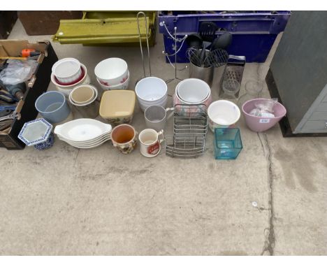 AN ASSORTMENT OF ITEMS TO INCLUDE CERAMIC PLANT POTS AND KITCHEN ITEMS ETC 