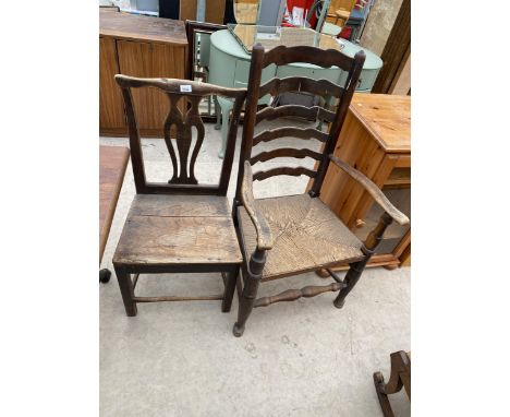 TWO ANTIQUE CHAIRS TO INCLUDE RUSH SEAT LADDER BACK ARMCHAIR 