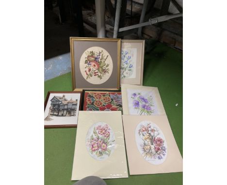 A MIXED LOT OF FLORAL PRINTS, FLORAL TAPESTRY ETC 