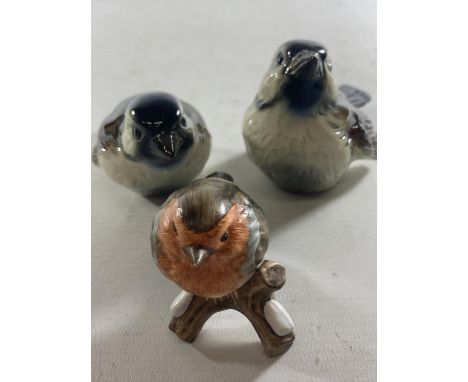 THREE GOEBEL BIRDS TO INCLUDE TWO SPARROWS AND A ROBIN ON A BRANCH 