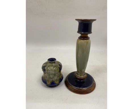 TWO PIECES OF ROYAL DOULTON STONEWARE TO INCLUDE A CANDLESTICK AND A SMALL VASE 