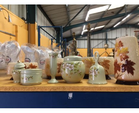 FOUR PIECES OF VINTAGE SYLVAC WITH AUTUMN LEAF PATTERN TO INCLUDE VASES AND PLANTERS PLUS SADLER 'APPLE BLOSSOM' GINGER JAR, 