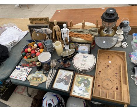 AN ASSORTMENT OF ITEMS TO INCLUDE A TILLEY LAMP, POOL BALLS AND PICTURE FRAMES ETC 