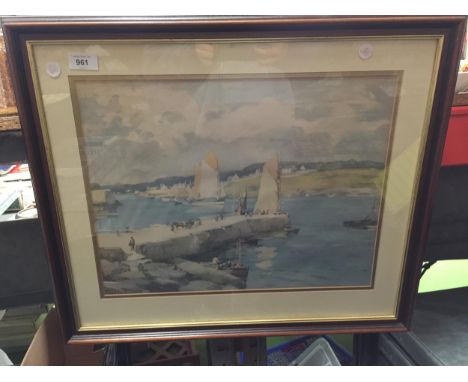 A FRAMED PRINT OF A HARBOUR SCENE 