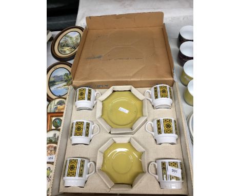 A VINTAGE STAFFORDSHIRE SET OF CUPS, SAUCERS AND SIDE PLATES, BOXED, 'ETHOS' AS NEW COFFEE MUGS, PLATES, ETC 