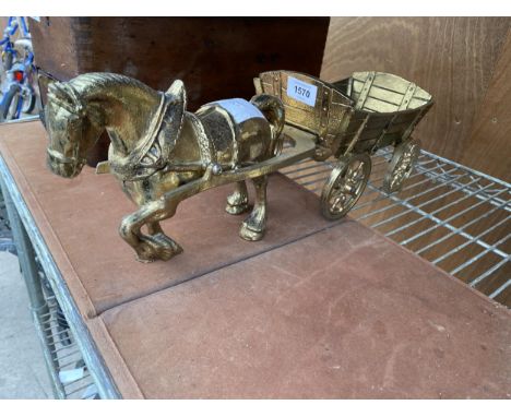 A VINTAGE HEAVY BRASS HORSE AND CART 